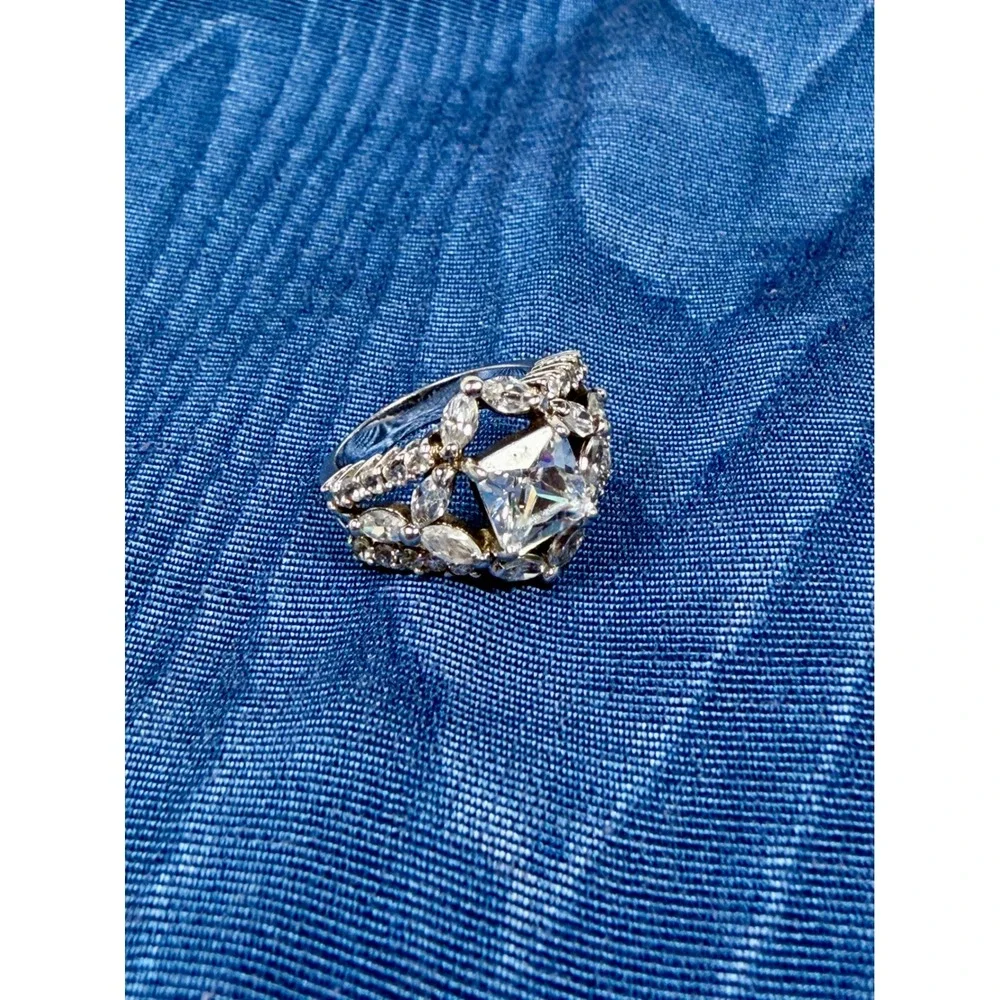 925 Sterling Silver Princess Cut Marquise CZ Statement Cocktail Ring Size 6 3/4